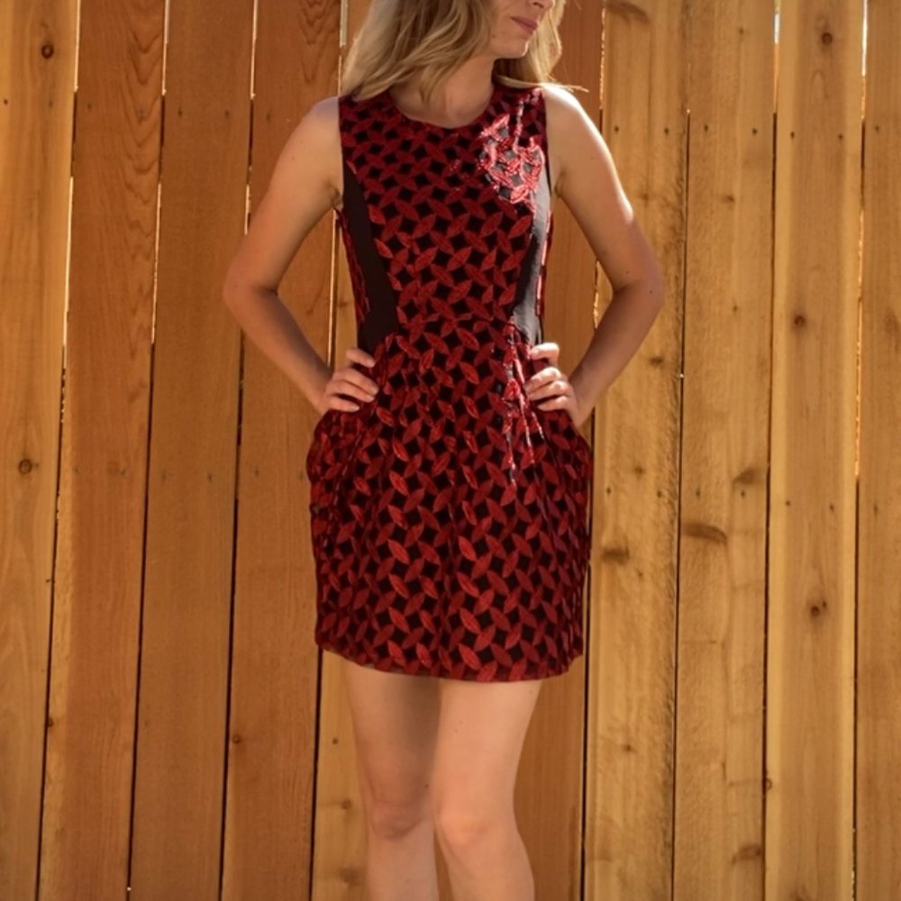 Esley Textured Red and Black Leaf Mini Dress Mid-Thigh